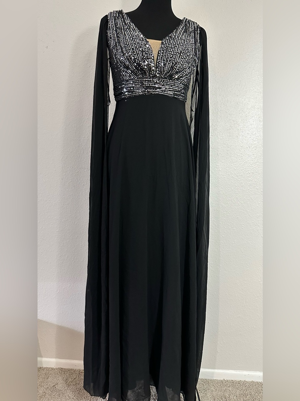 Black Long-Sleeve Evening Dress with Silver Sequin Bodice